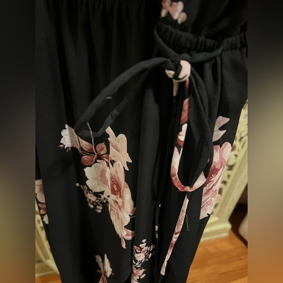 Black and Pink Floral Faux Wrap Dress - Picture 4 of 16